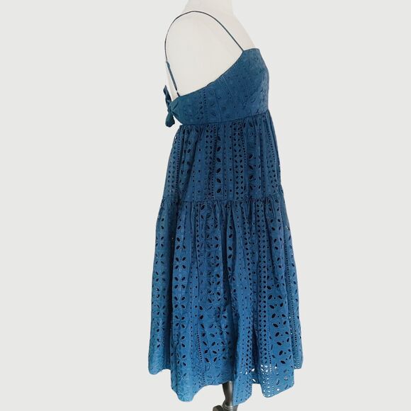 J.Crew Midi Tiered Dress Size 2 Eyelet Blue Open Back with tie Bow Lined Boho - Picture 3 of 11